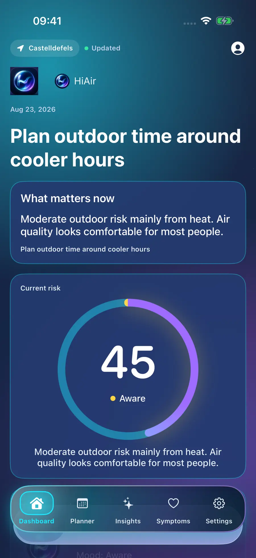 Real HiAir iPhone dashboard showing current outdoor risk and heat guidance