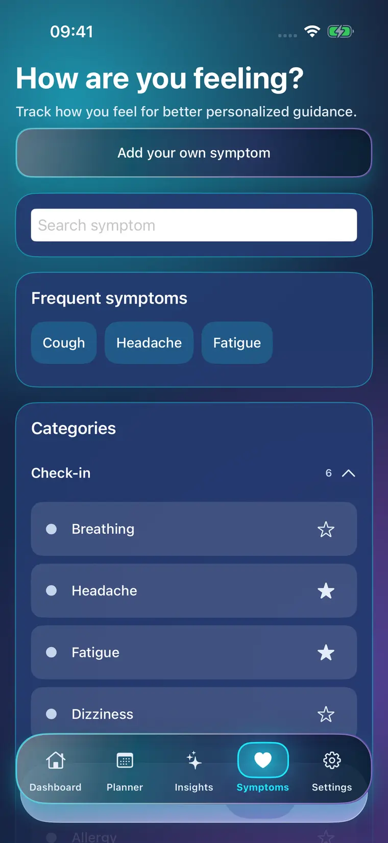 Real HiAir symptom journal screen used for optional personal context